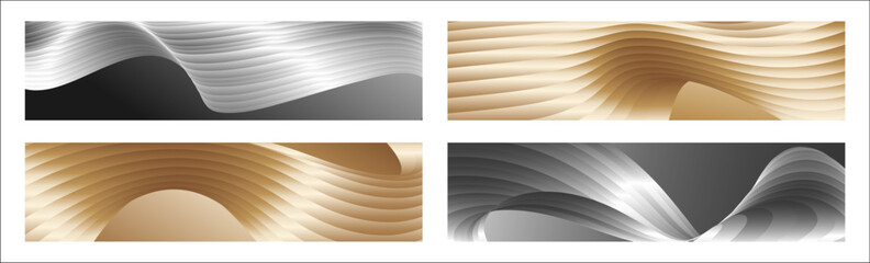 Wavy silver and gold parallel gradient lines, ribbons, silk. Set of 4 backgrounds. Black and white with shades of gray or golden silk. Banner, poster. eps vector