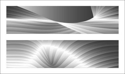 Monochrome cover design, abstract background. Wavy silver parallel gradient lines, ribbons, silk. Set of 2 backgrounds. Black and white with shades of gray banner, poster. eps vector