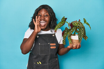 Curvy gardener holding plant in studio shouting and holding palm near opened mouth. - Powered by Adobe