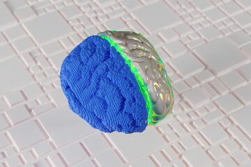 3D render of a brain split in the middle by a green laser beam. Concept of neurology, artificial intelligence, digitization, digital healthcare or CT scan