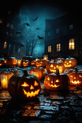 Fototapeta premium Happy Halloween background spooky scene, creepy dark night jack o lantern pumpkins and spooky graves on graveyard ghosts horror gothic evil cemetery landscape. Mysterious night moonlight backdrop.