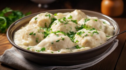 Creamy and comforting chicken and dumplings cooking in a slow cooker, with fluffy dumplings and tender chicken. 