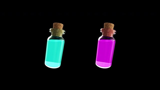 Ampoules with a bright liquid closed with a stopper on a black background. Production of vaccines, potions, medicines. Seamless animation