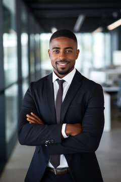 Smiling black executive posing with his arms crossed at the office looking at the camera