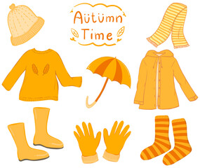 set of isolated autumn or fall season clothes illustration png