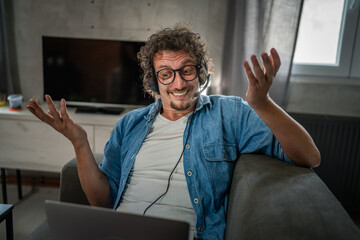 One man caucasian male freelancer work from home on laptop computer