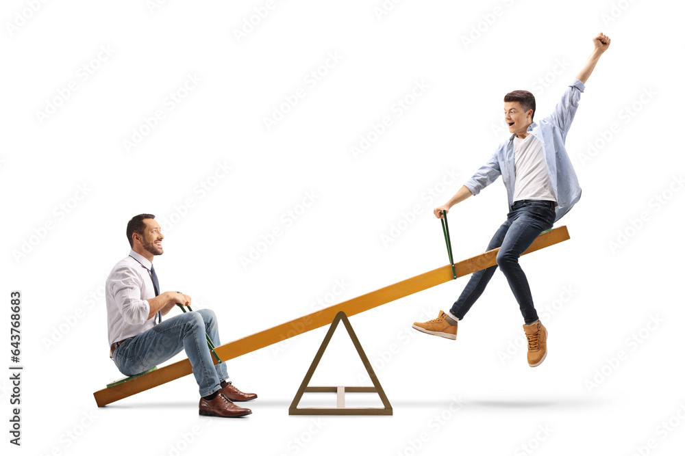 Poster Businessman and a young guy playing on a seesaw