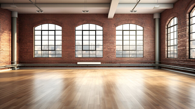 Large empty studio - dance room with wooden floor, brick wall, large windows