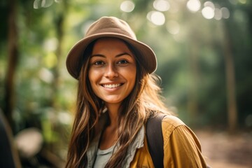 Photography in the style of pensive portraiture of a happy girl in her 30s wearing a stylish trapper hat at the tikal national park in peten guatemala. With generative AI technology - Powered by Adobe