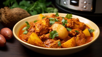 ragrant and spicy Instant Pot chicken vindaloo, with a mix of aromatic spices and potatoes. 