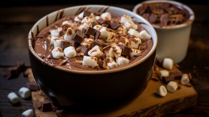 Fototapeta na wymiar Rich and creamy hot chocolate in a slow cooker, garnished with marshmallows and chocolate shavings.