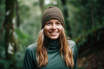 Lifestyle portrait photography of a grinning girl in her 20s wearing a functional balaclava at the tikal national park in peten guatemala. With generative AI technology