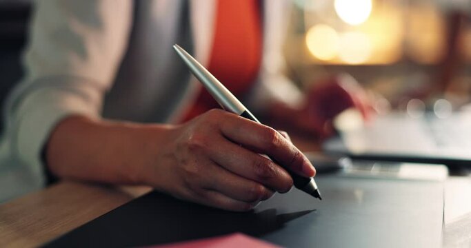 Graphic designer, hand and woman writing with tablet, tech and computer for logo, web or digital marketing design online. Interactive, stylus and technology for drawing with artist, app or media