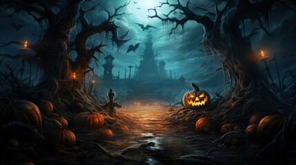 Halloween-Themed Moonlit Forest Scene - obrazy, fototapety, plakaty