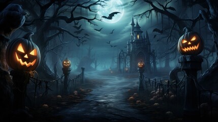 Halloween-Themed Moonlit Forest Scene - obrazy, fototapety, plakaty