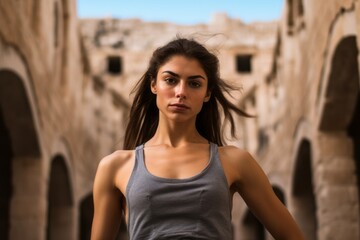 Fototapeta premium Medium shot portrait photography of a content girl in his 20s wearing a stylish sports bra at the crac des chevaliers in homs governorate syria. With generative AI technology