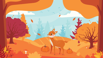 Autumn forest landscape, autumn aesthetic. Vector background. Beautiful autumn forest landscape. Stunning landscape of mixed forest in autumn season with a cute deer. Vector illustration