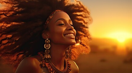 Carefree African Woman Smiling Happily at Sunset: Beautiful Young Black Girl with Joyful Expression on Her Face
