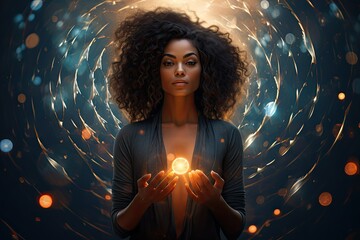 Circles of Healing: Portrait of a Black Woman with Dreamy Spiritual Aura in Artwork - obrazy, fototapety, plakaty