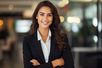 Naklejka premium Confident and Successful Young Businesswoman Smiling with Professional Attire: Corporate Executive in a Business Meeting. 