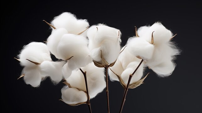  a bunch of white cotton flowers in a vase on a black background.  generative ai