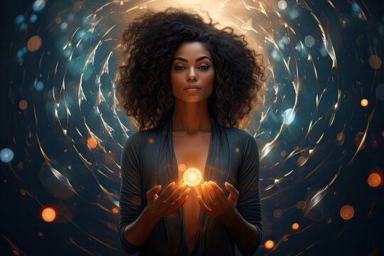 Circles of Healing: Portrait of a Black Woman with Dreamy Spiritual Aura in Artwork