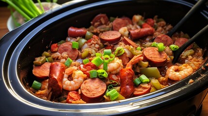 Spicy and aromatic jambalaya cooking in a slow cooker, with a mix of meats and Creole flavors. 