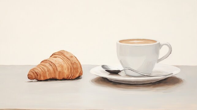  a painting of a cup of coffee and a croissant.  generative ai