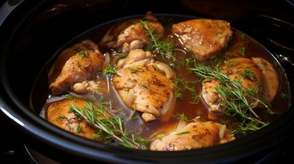 Succulent chicken thighs cooking low and slow in a savory broth in a slow cooker. 