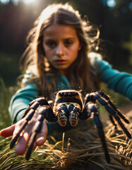 Obraz premium a big tarantula spider crawls over a girl's hand - generative ai