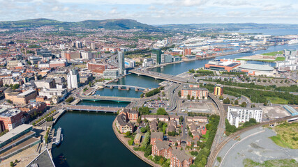 Aerial view on buildings and Lagan River in City center of Belfast Northern Ireland. Drone photo,...