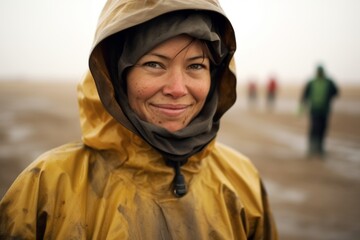 Medium shot portrait photography of a satisfied girl in her 40s wearing a waterproof rain jacket at the darvaza gas crater in derweze turkmenistan. With generative AI technology