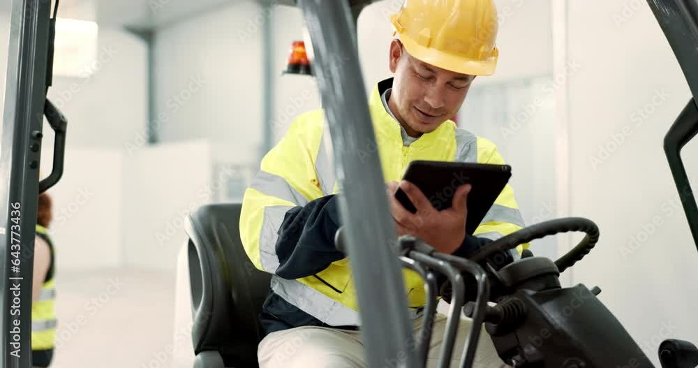 Aufkleber tablet, engineering and forklift with man in warehouse for communication, social media and networkin
