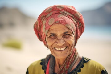 Lifestyle portrait photography of a grinning mature woman wearing a sophisticated pillbox hat at the socotra island in yemen. With generative AI technology