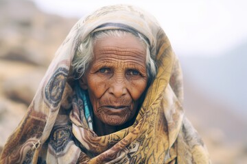 Photography in the style of pensive portraiture of a satisfied old woman wearing an intricate lace top at the socotra island in yemen. With generative AI technology