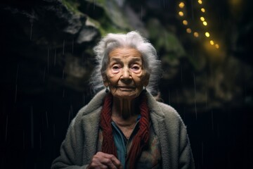 Obraz premium Lifestyle portrait photography of a tender old woman wearing a lace bralette at the waitomo glowworm caves in waikato new zealand. With generative AI technology
