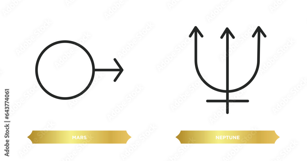 Poster two editable outline icons from zodiac concept. thin line icons such as mars, neptune vector.