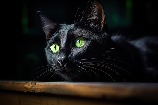 Portrait of a black cat with green eyes on a dark background