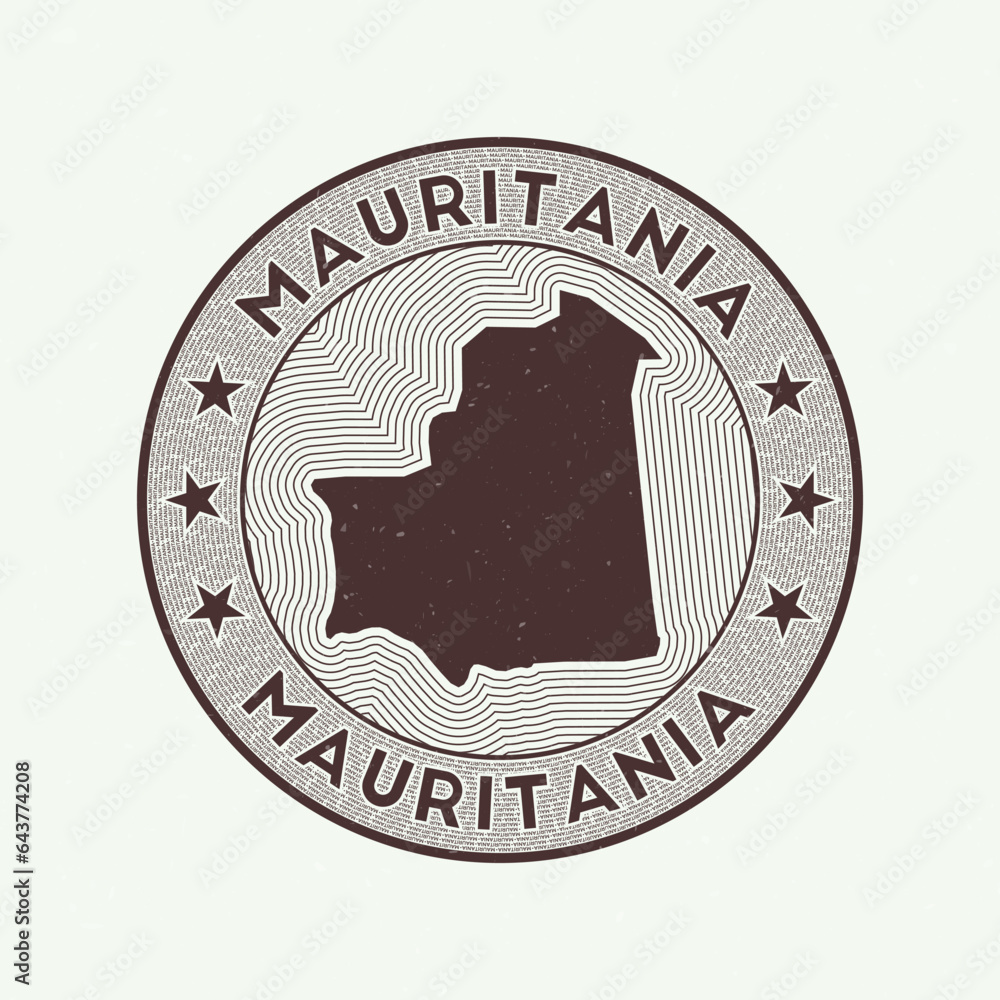 Poster mauritania round badge vector. country round stamp with shape of mauritania, isolines and circular c