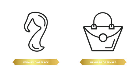 two editable outline icons from woman clothing concept. thin line icons such as female long black hair, handbag of female vector.