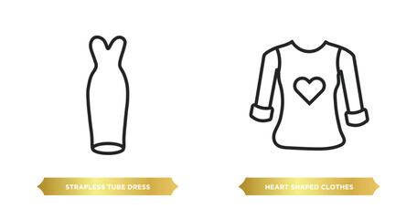 two editable outline icons from woman clothing concept. thin line icons such as strapless tube dress, heart shaped clothes vector.