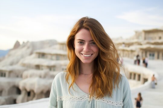 Medium shot portrait photography of a merry girl in her 20s wearing an ornate brooch at the pamukkale in denizli turkey. With generative AI technology