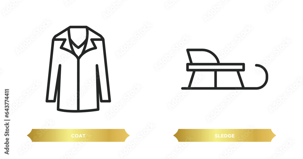 Poster two editable outline icons from winter concept. thin line icons such as coat, sledge vector.