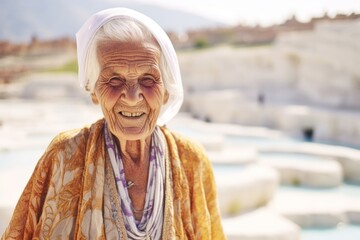 Medium shot portrait photography of a jovial old woman wearing a glamorous sequin top at the pamukkale in denizli turkey. With generative AI technology