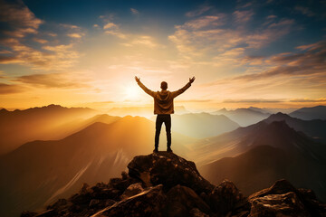 Summit of Joy A Positive Man Celebrating on a Mountain Top, Arms Raised in Triumph
