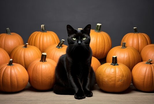 Black cat sitting in front of orange pumpkins on black background.