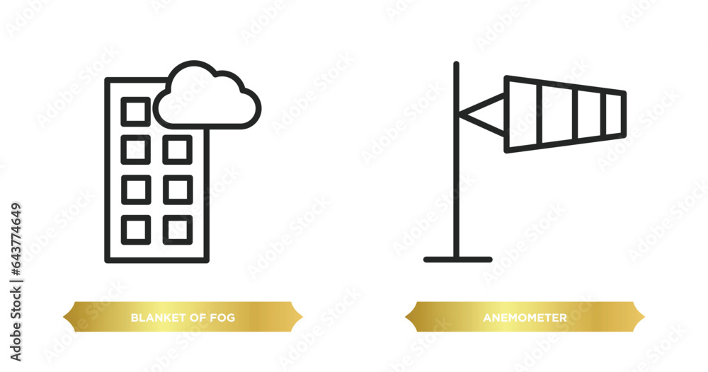 Poster two editable outline icons from weather concept. thin line icons such as blanket of fog, anemometer 