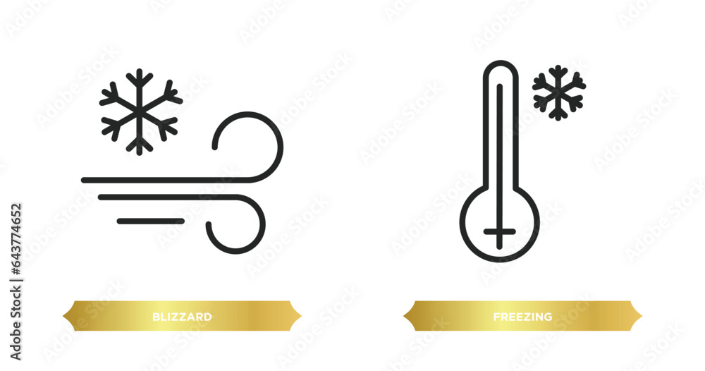Poster two editable outline icons from weather concept. thin line icons such as blizzard, freezing vector.