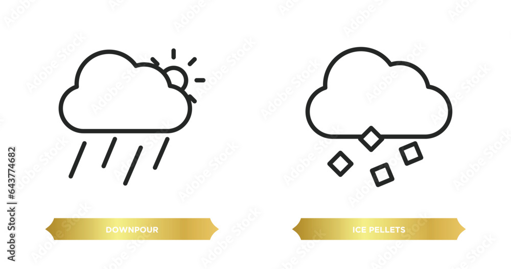 Poster two editable outline icons from weather concept. thin line icons such as downpour, ice pellets vecto