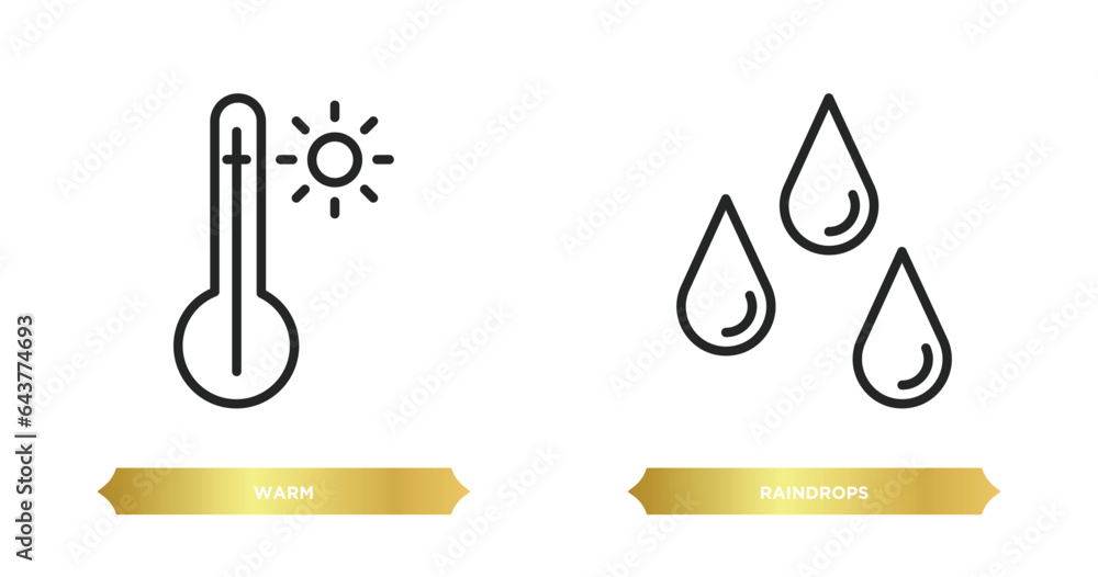 Poster two editable outline icons from weather concept. thin line icons such as warm, raindrops vector.